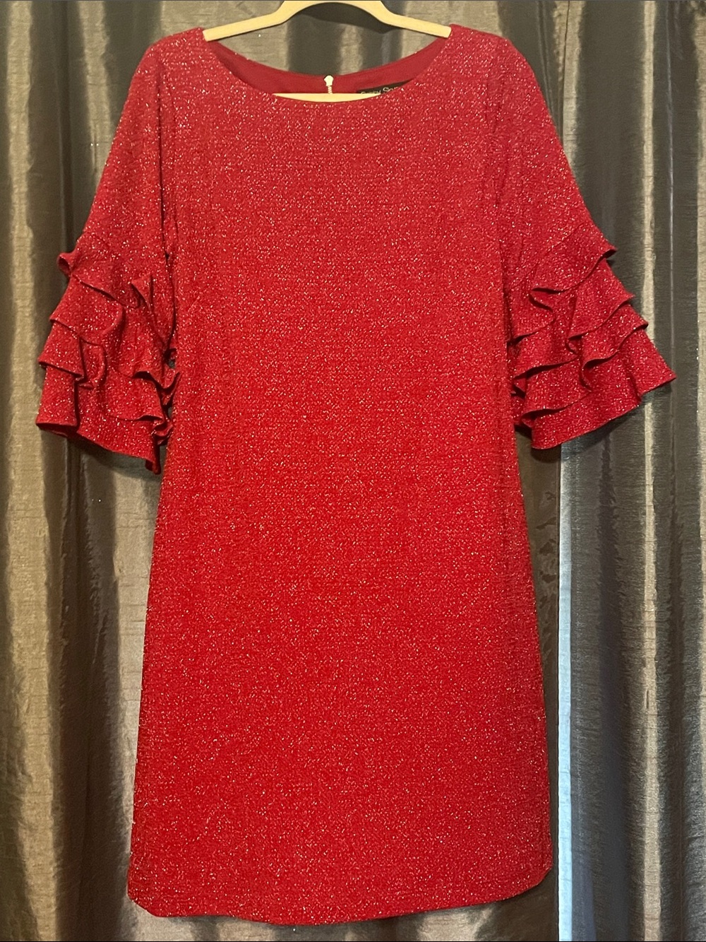 Gabby Skye Red Glitter Ruffle Sleeve Shift Dress